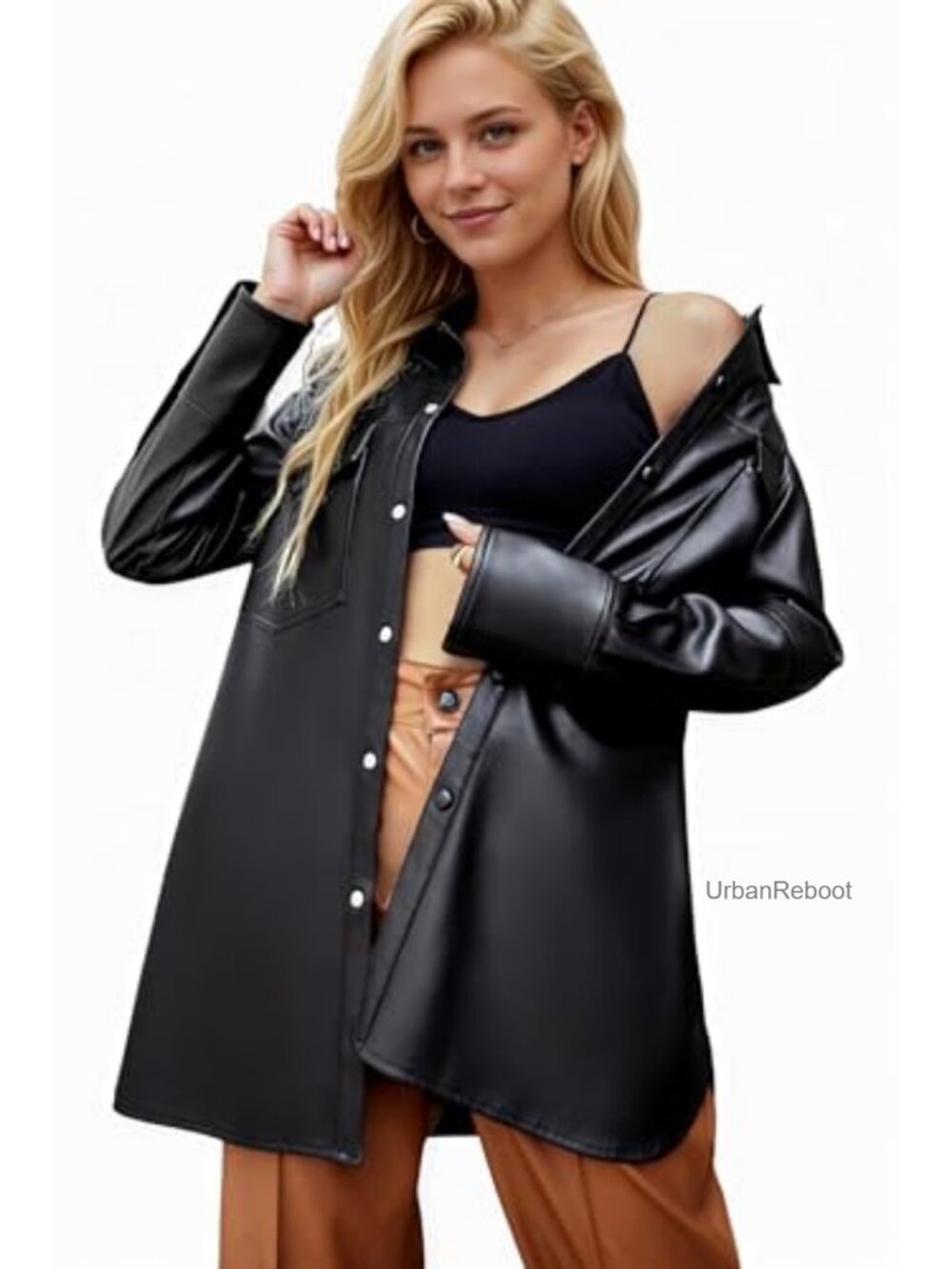 Faux Leather Shacket Button Down Lapel Relaxed Shirt Jacket